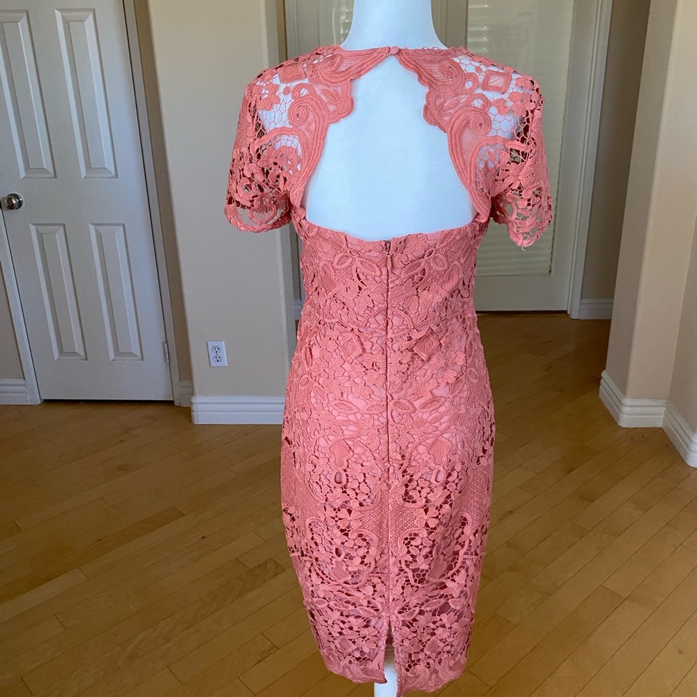 Lace Midi Dress in Coral Pink - Elegant Open-Back Detail